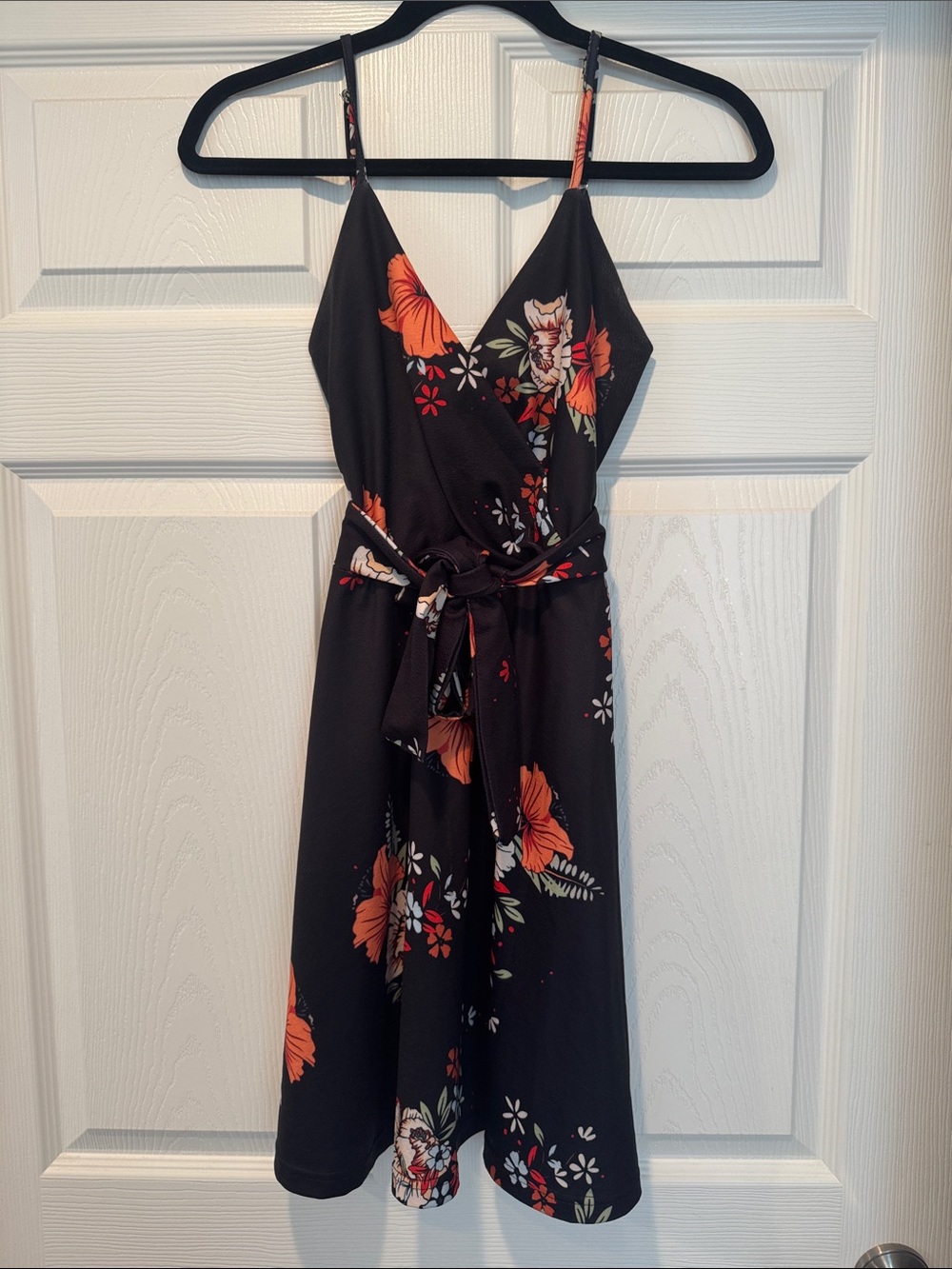 Black Floral Tie-Waist Spaghetti Strap Dress